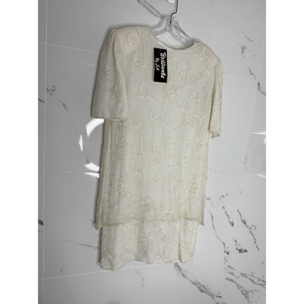 Vtg NWT White Silk Dress Brilliante J.A Beaded Scalloped M Formal Event Bridal